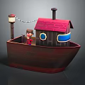 Cartoon Wooden Watercraft With Red Roof Blue Window And Figure On Board
