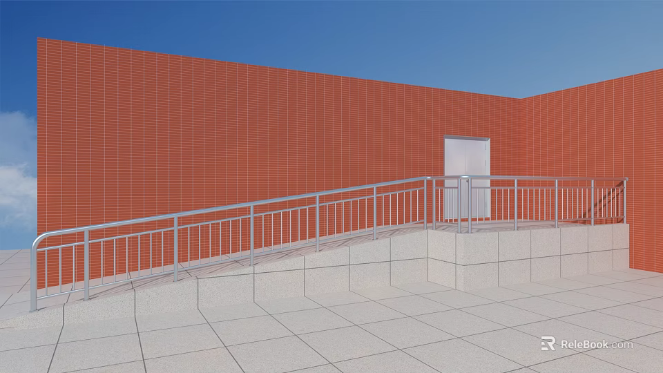 Silver Metal Railing Along Steps With Red Brick Wall White Door And Tile Floor 3d model 