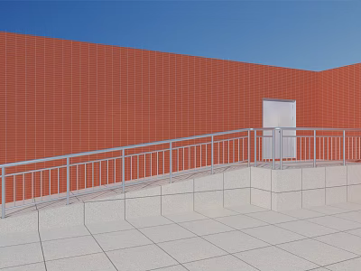 Silver Metal Railing Along Steps With Red Brick Wall White Door And Tile Floor 3d model