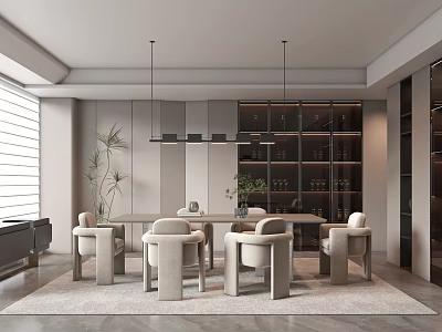 Elegant Modern Restaurant Interior With Marble Dining Table Pendant Lights And Comfortable Chairs 3d model