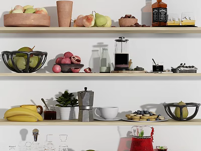 Fresh Assorted Fruits Bananas Pears Apples and Blueberries on Wooden Shelves with Bowls Coffee Maker 3d model
