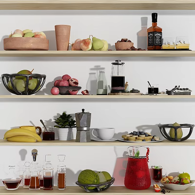 Fresh Assorted Fruits Bananas Pears Apples and Blueberries on Wooden Shelves with Bowls Coffee Maker 3d model