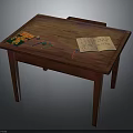 Wooden Table Top With Open Notebook Colored Pencils Crayons And Picture Book