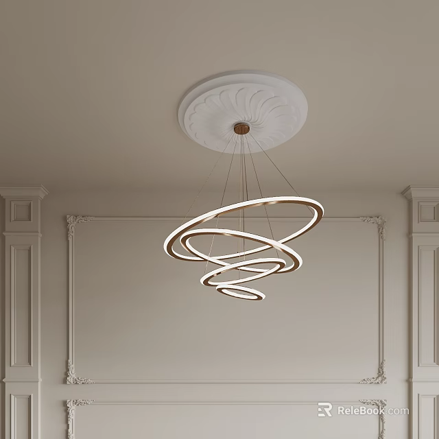 Modern Spiral Ring Chandelier Hanging From Decorative Ceiling In Room With Paneled Walls 3d model 