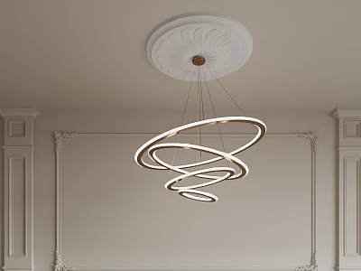 Modern Spiral Ring Chandelier Hanging From Decorative Ceiling In Room With Paneled Walls 3d model