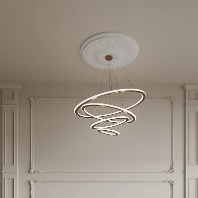 Modern Spiral Ring Chandelier Hanging From Decorative Ceiling In Room With Paneled Walls 3d model