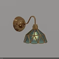 Vintage Style Brass Wall Lamp With Green Stained Glass Geometric Pattern Shade