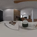 Modern Living and Dining Room With Light Gray Sofa Wooden TV Cabinet And Decorative Paintings