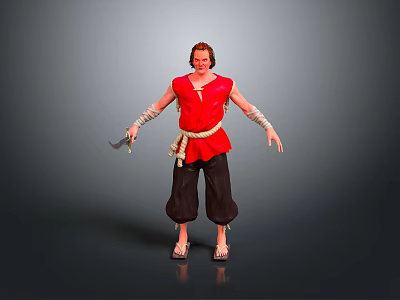 Man with red sleeveless top black baggy pants arm wraps holding weapon on gray background 3d model