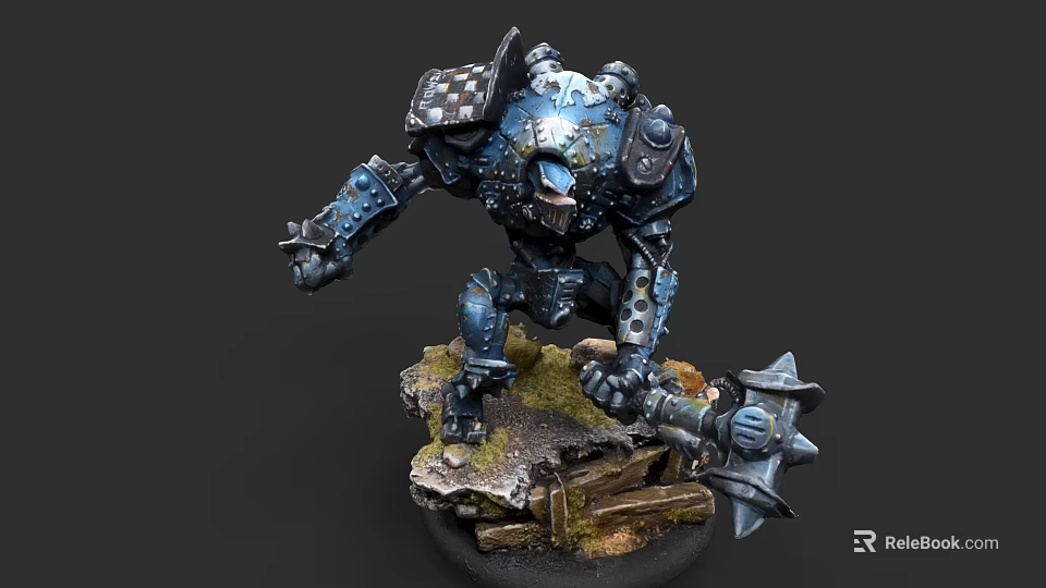 Giant Spiked Weapon Held By Blue Mechanical Warrior On Rocky Base With Wooden Planks 3d model 