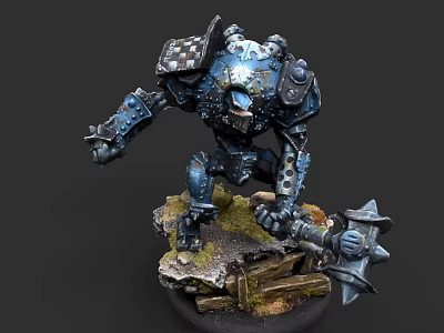 Giant Spiked Weapon Held By Blue Mechanical Warrior On Rocky Base With Wooden Planks 3d model