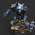Giant Spiked Weapon Held By Blue Mechanical Warrior On Rocky Base With Wooden Planks