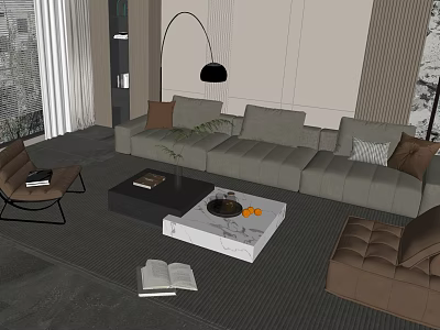 Gray Sofa Coffee Table Combination With Marble Top Throw Pillows And Floor Lamp 3d model