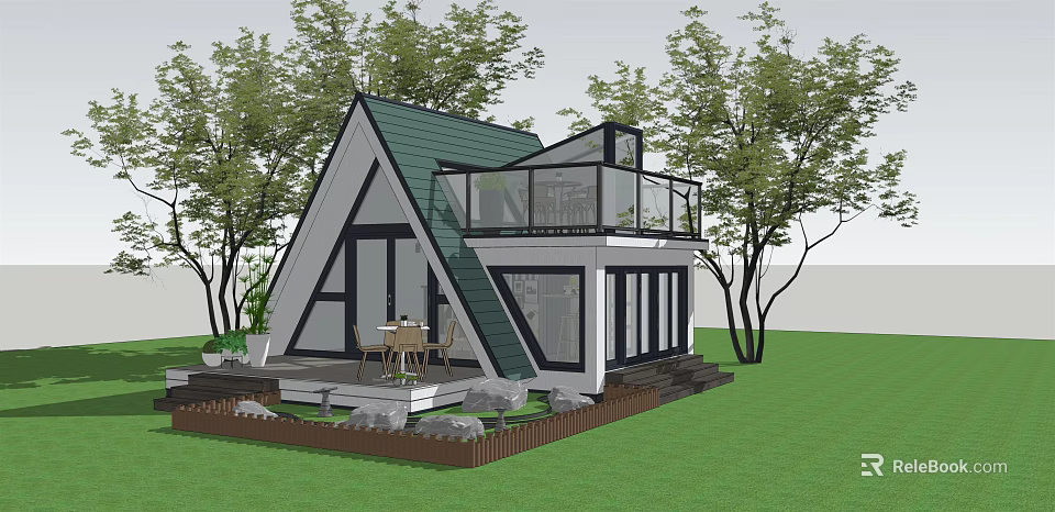 Wooden House With Triangular Green Roof Glass Railed Balcony Deck And Lawn Surrounded By Trees 3d model 