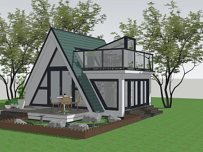 Wooden House With Triangular Green Roof Glass Railed Balcony Deck And Lawn Surrounded By Trees 3d model