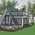 Wooden House With Triangular Green Roof Glass Railed Balcony Deck And Lawn Surrounded By Trees