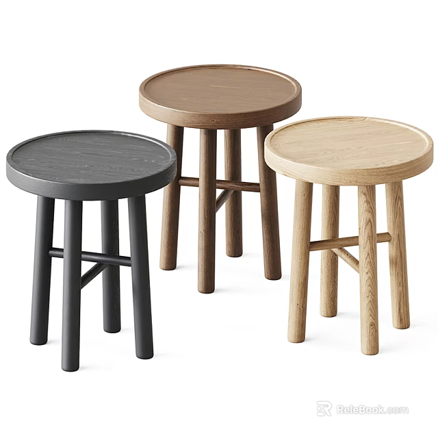 Set of Three Wooden Round Stools with Cross Leg Design in Different Colors 3d model 