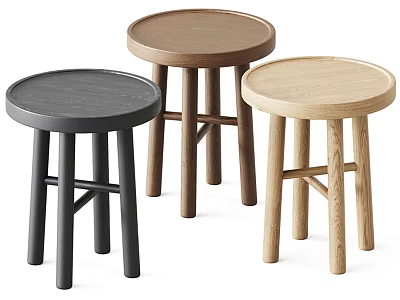 Set of Three Wooden Round Stools with Cross Leg Design in Different Colors 3d model
