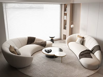 Modern Curved Cream Sofa And Coffee Table Set With Throw Pillows In Living Room 3d model