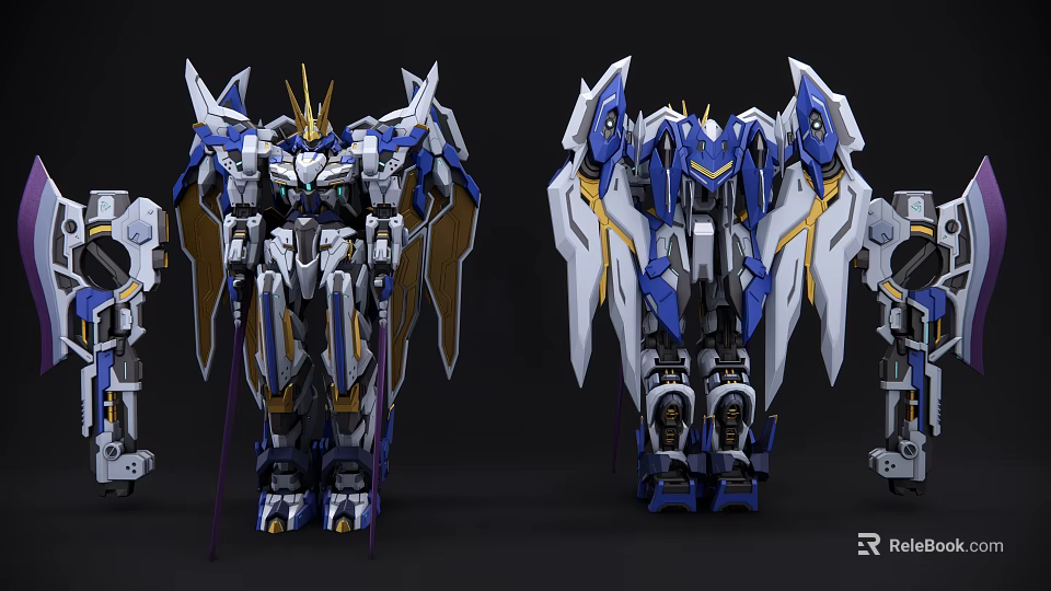 Smart Machines Robotic Models With Blue White Gold Accents And Mechanical Wings 3d model 