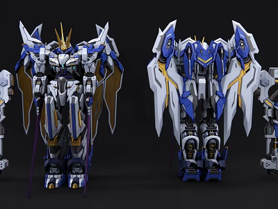 Smart Machines Robotic Models With Blue White Gold Accents And Mechanical Wings 3d model