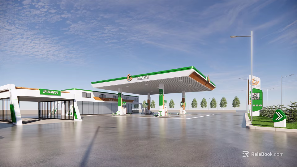 Modern Gas Station With Green Roof Fuel Pumps And Convenience Store 3d model 