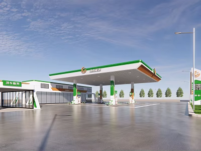 Modern Gas Station With Green Roof Fuel Pumps And Convenience Store 3d model