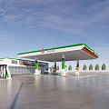 Modern Gas Station With Green Roof Fuel Pumps And Convenience Store