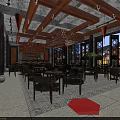 Traditional Chinese Tea House Interior With Wooden Furniture And Hanging Lanterns Decor 3d model