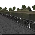 Riverside Metal Fence With Curved Railings Along Stone Pavement Trees And Small Hills