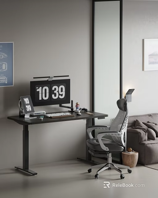 Modern Home Office Desk With Monitor Keyboard Digital Clock And Ergonomic Chair 3d model 