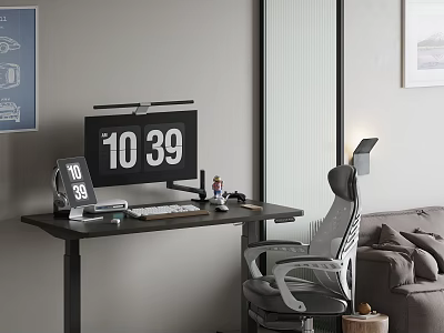 Modern Home Office Desk With Monitor Keyboard Digital Clock And Ergonomic Chair 3d model
