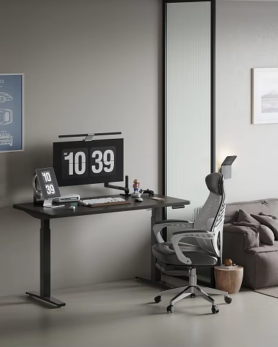 Modern Home Office Desk With Monitor Keyboard Digital Clock And Ergonomic Chair 3d model