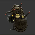 Smart Machine Snail Shaped Design With Rusted Metal Pipes Gears And Yellow Lights