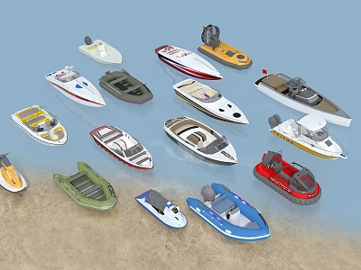 Various Types of Yachts Featuring Different Designs Displayed Near Water and Sand 3d model