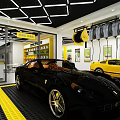 4S Shop Sports Car Display With Checkered Floor And Geometric Ceiling Design