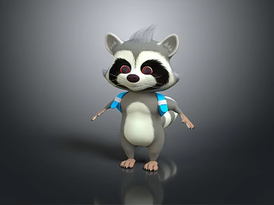 Cartoon Style 3D Game Film Raccoon Character With Gray Fur White Belly And Blue Straps 3d model