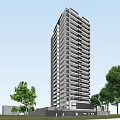 Modern High Rise Building Design With Surrounding Greenery Road And Water Feature