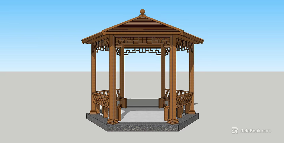 Traditional Chinese Hexagonal Wooden Pavilion With Carved Railings And Stone Base Design 3d model 