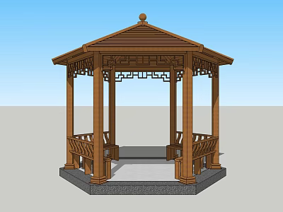 Traditional Chinese Hexagonal Wooden Pavilion With Carved Railings And Stone Base Design 3d model
