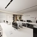 Modern Reception Area Front Desk With Marble Counter Logo Wall Circular Pendant Lights And Plants