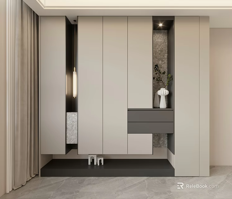 Modern Sleek Shoe Cabinet With Storage Drawers And Decorative Elements In Entryway 3d model 