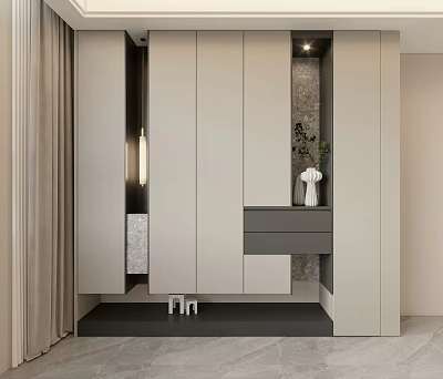Modern Sleek Shoe Cabinet With Storage Drawers And Decorative Elements In Entryway 3d model