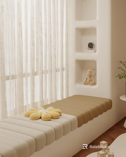 Bay Window Seat With Beige Curtains Cushion Yellow Flower Pillows White Niches And Giraffe Doll 3d model 