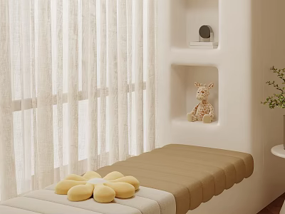 Bay Window Seat With Beige Curtains Cushion Yellow Flower Pillows White Niches And Giraffe Doll 3d model