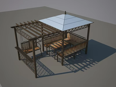 Open Air Outdoor Wooden Pergola With Roof Seats Table And Railings 3d model
