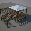 Open Air Outdoor Wooden Pergola With Roof Seats Table And Railings
