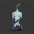 Blue Humanoid Creature With Red Head White Body Markings And Kneeling Posture On Reflective Surface 3d model