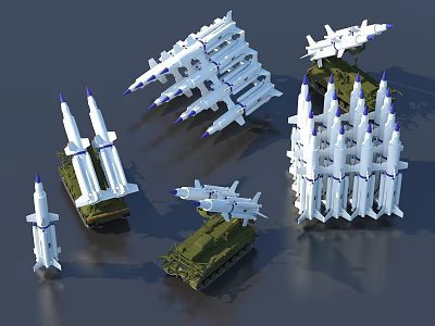 Green Military Tank Surrounded By White Missiles And Aircraft Models In Military Display Setup 3d model