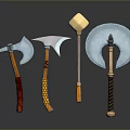 Medieval Battle Weapons Collection Featuring Axes Hammers With Ornate Handles And Unique Head Designs